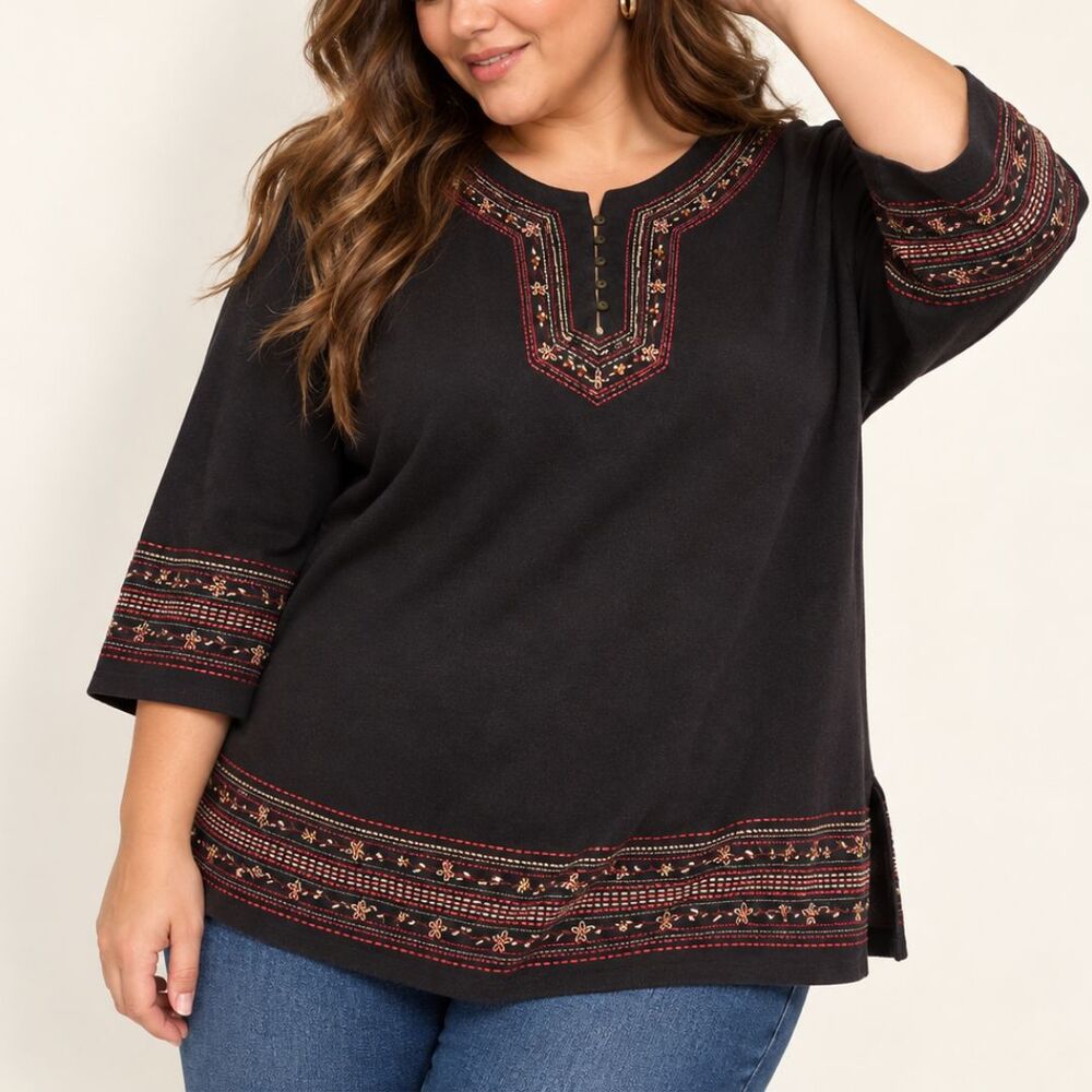 Alfred Dunner Womens 2X NWT Black Embroidered Beaded Tunic Top 3/4 Sleeve